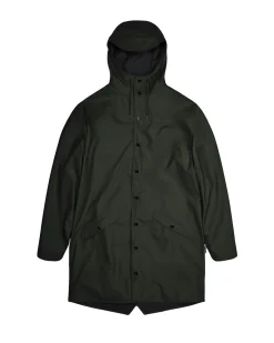 Impermeabile Long Jacket verde militare con cappuccio dalla finitura metallica