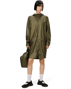 Impermeabile Long Jacket verde militare metallizzato con cappuccio dalla finitura metallica