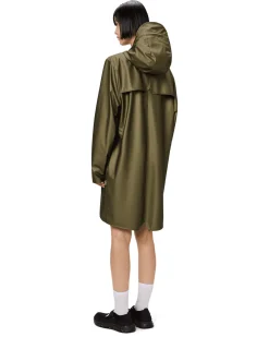 Impermeabile Long Jacket verde militare metallizzato con cappuccio dalla finitura metallica