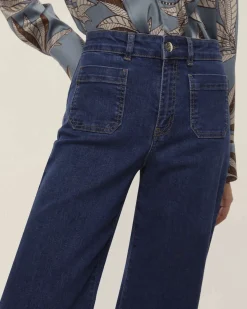 Jeans flare blu Emme Marella in cotone stretch con taschini applicati in vita