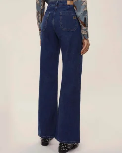Jeans flare blu Emme Marella in cotone stretch con taschini applicati in vita