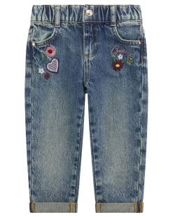 Jeans Guess in puro cotone con ricamo fiorellini e tasche a cuore