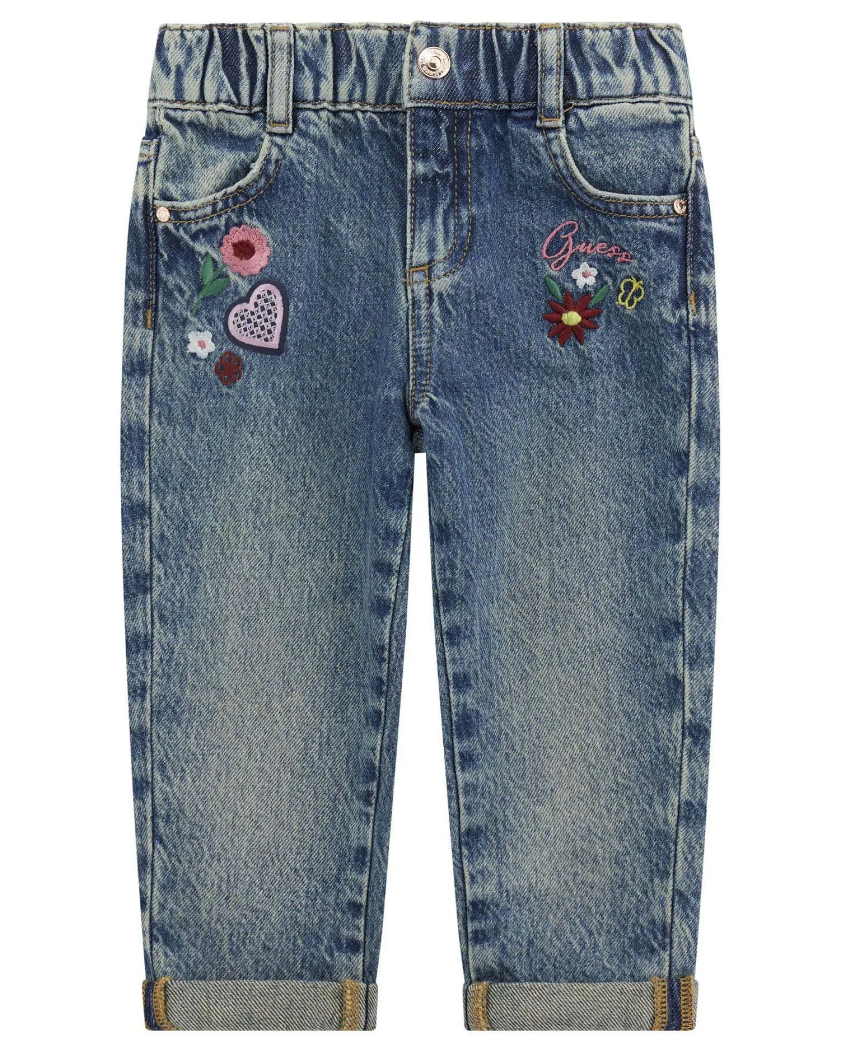 Jeans Guess in puro cotone con ricamo fiorellini e tasche a cuore
