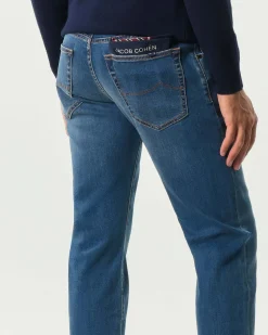 Jeans Jacob Cohen Nick slim-fit in cotone stretch lavaggio medio stone washed con baffature