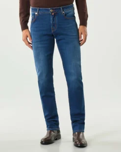 Jeans Jacob Cohen Nick slim-fit in cotone stretch lavaggio medio stone washed con baffature