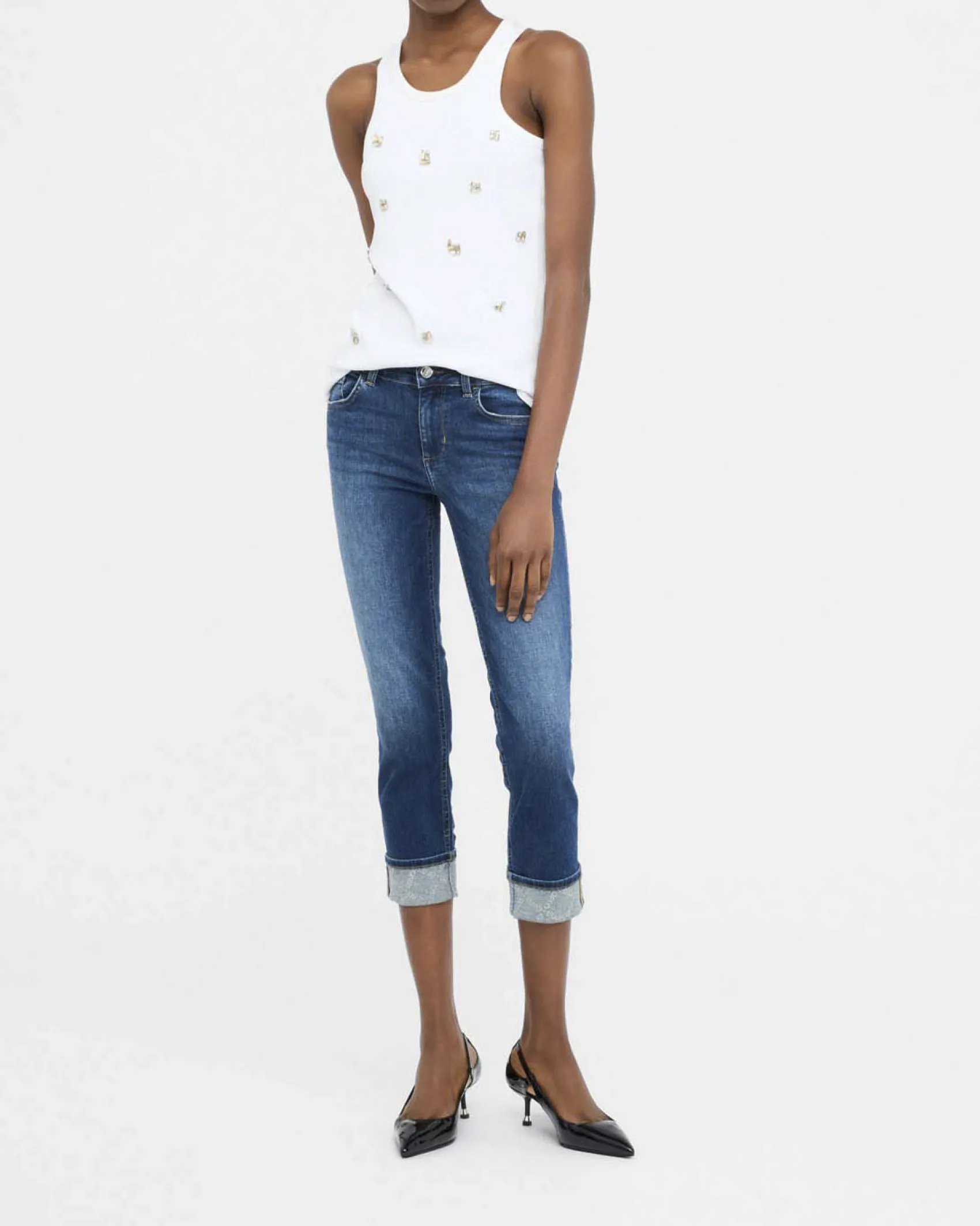 Jeans Liu Jo Jeans medium wash in cotone stretch con risvolto e strass