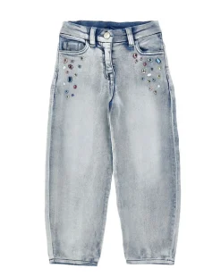 Jeans Monnalisa baloon fit lavaggio chiaro con strass multicolore applicati