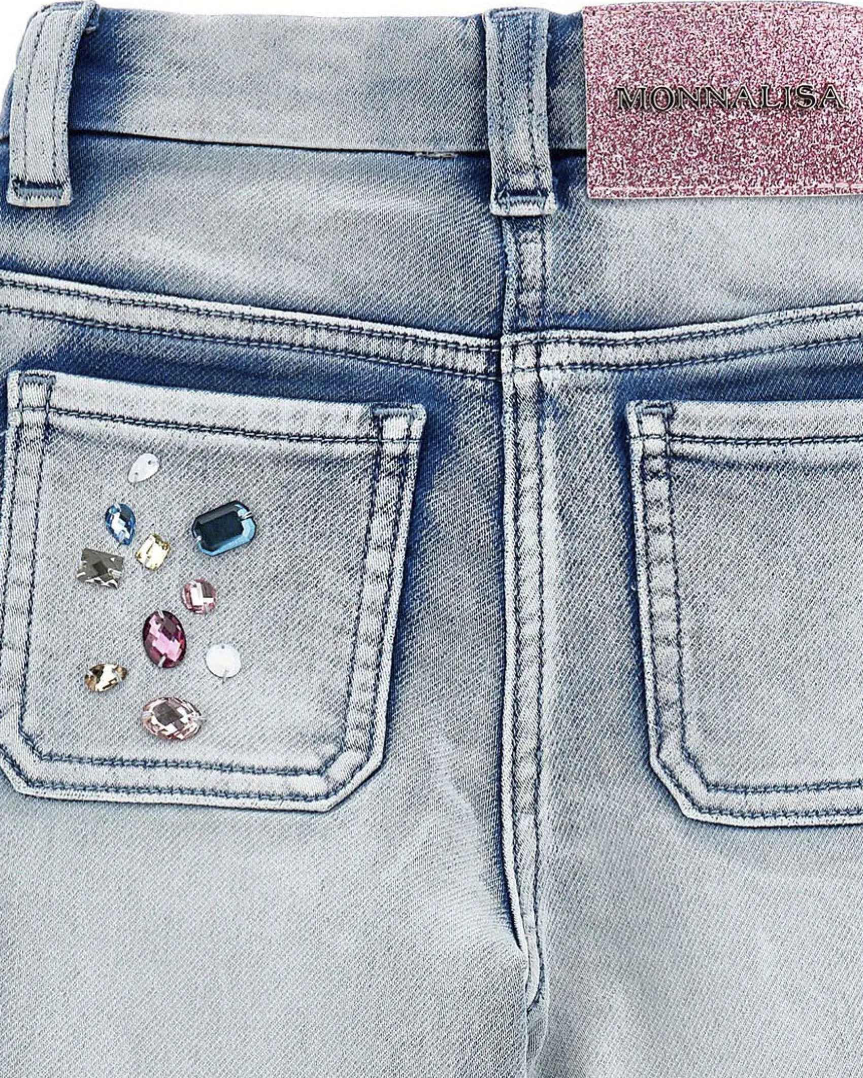 Jeans Monnalisa baloon fit lavaggio chiaro con strass multicolore applicati