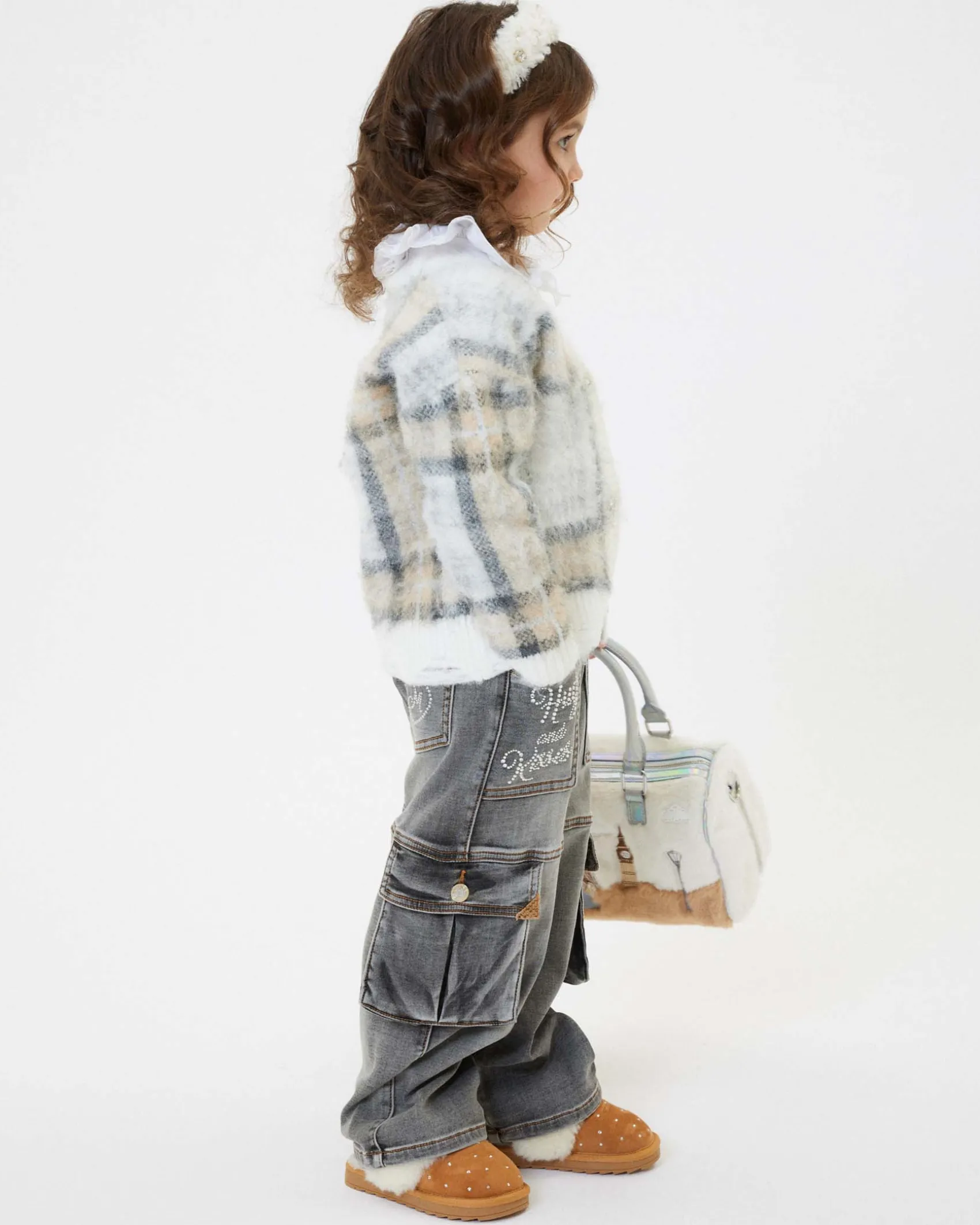 Jeans Monnalisa cargo nero stone washed in cotone stretch wide leg