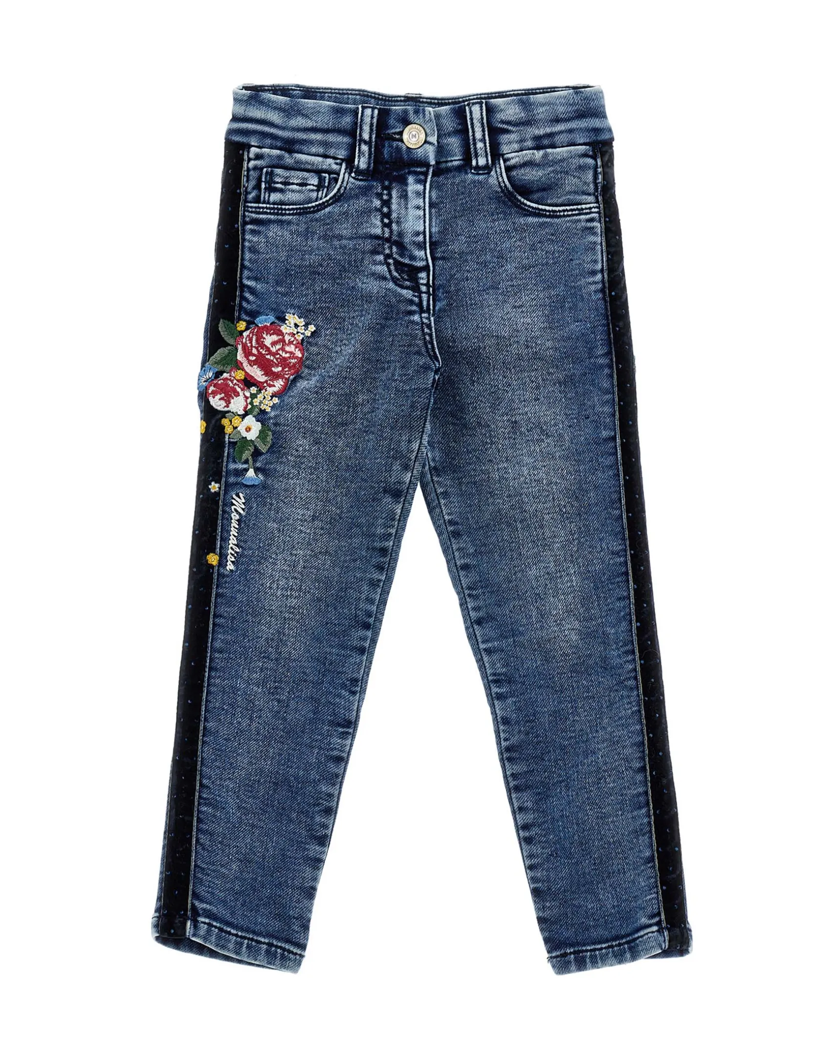 Jeans Monnalisa slim a lavaggio scuro delavé con ricami floreale e bande nere glitterate
