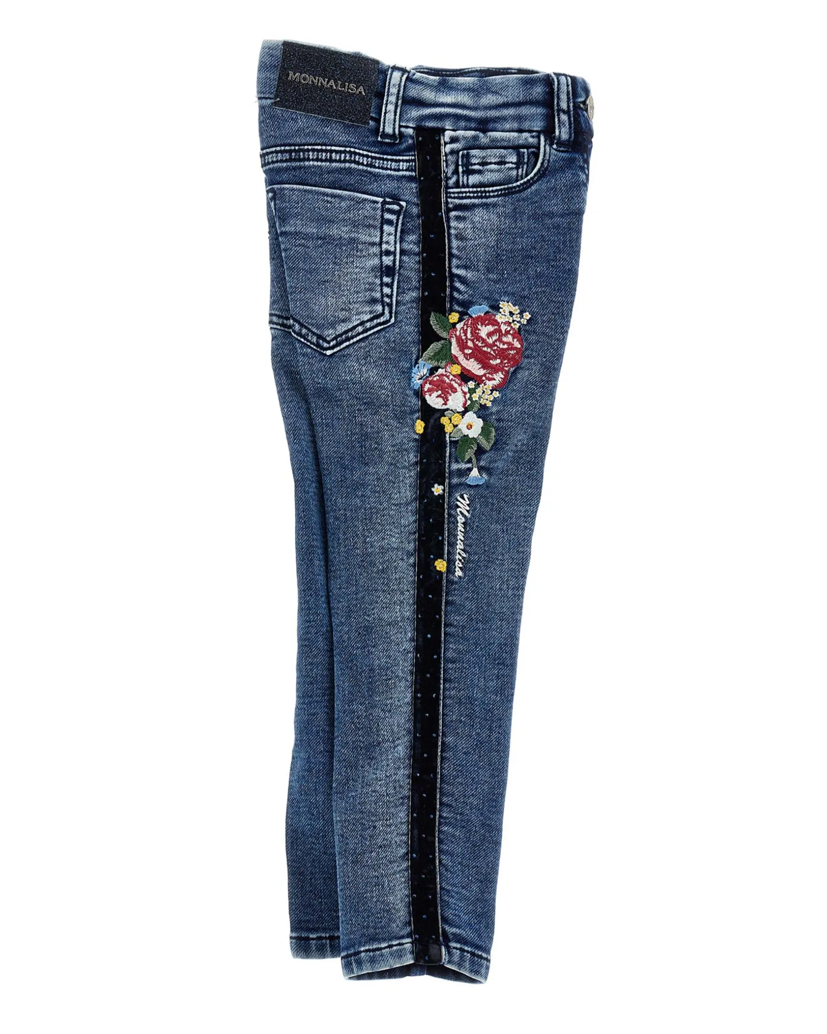 Jeans Monnalisa slim a lavaggio scuro delavé con ricami floreale e bande nere glitterate