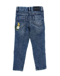Jeans Monnalisa slim a lavaggio scuro delavé con ricami floreale e bande nere glitterate
