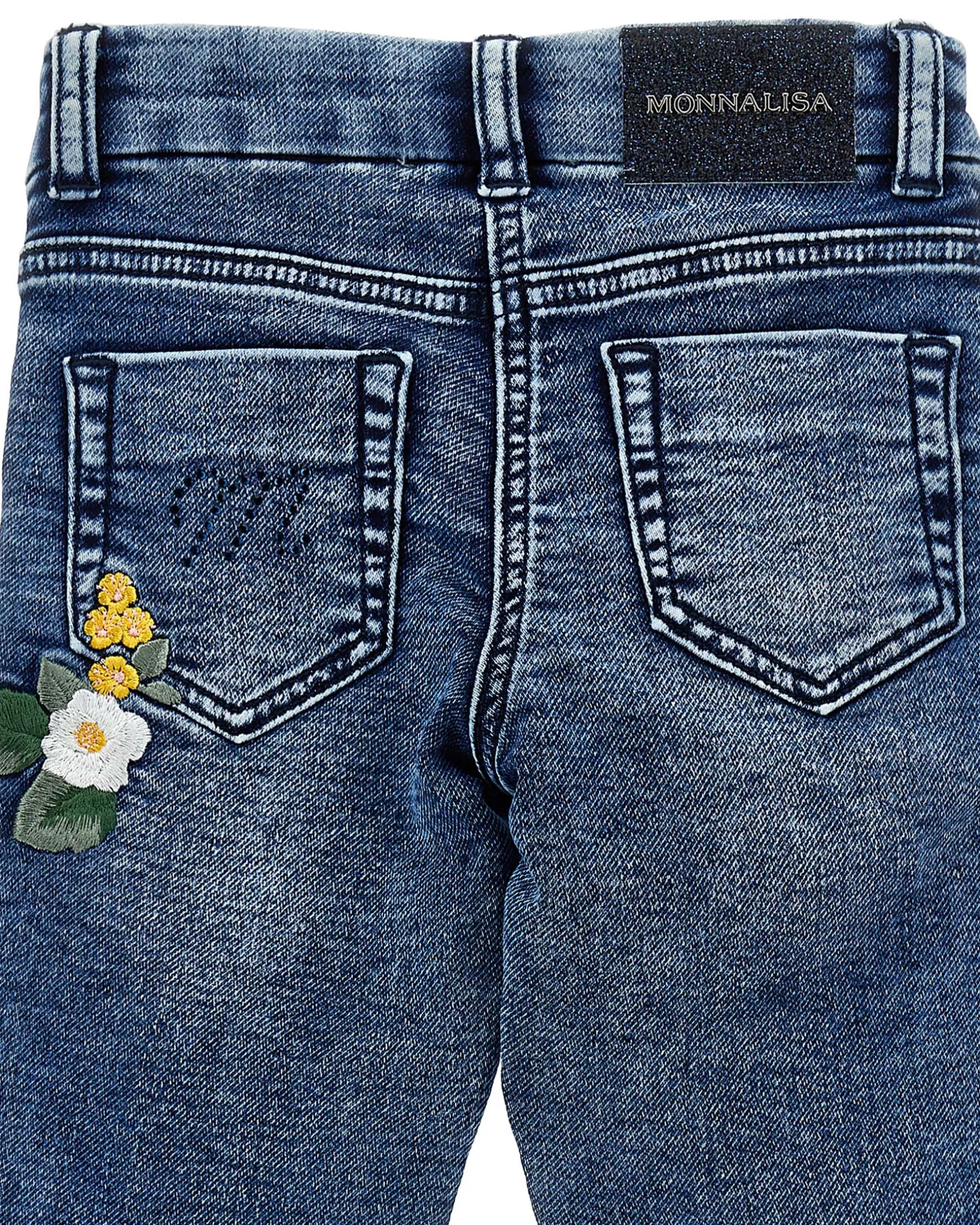 Jeans Monnalisa slim a lavaggio scuro delavé con ricami floreale e bande nere glitterate