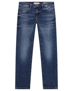 Jeans regular fit in cotone stretch a lavaggio scuro stone washed con abrasioni