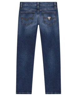 Jeans regular fit in cotone stretch a lavaggio scuro stone washed con abrasioni