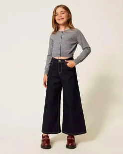 Jeans Twinset wide leg blu scuro in cotone elasticizzato