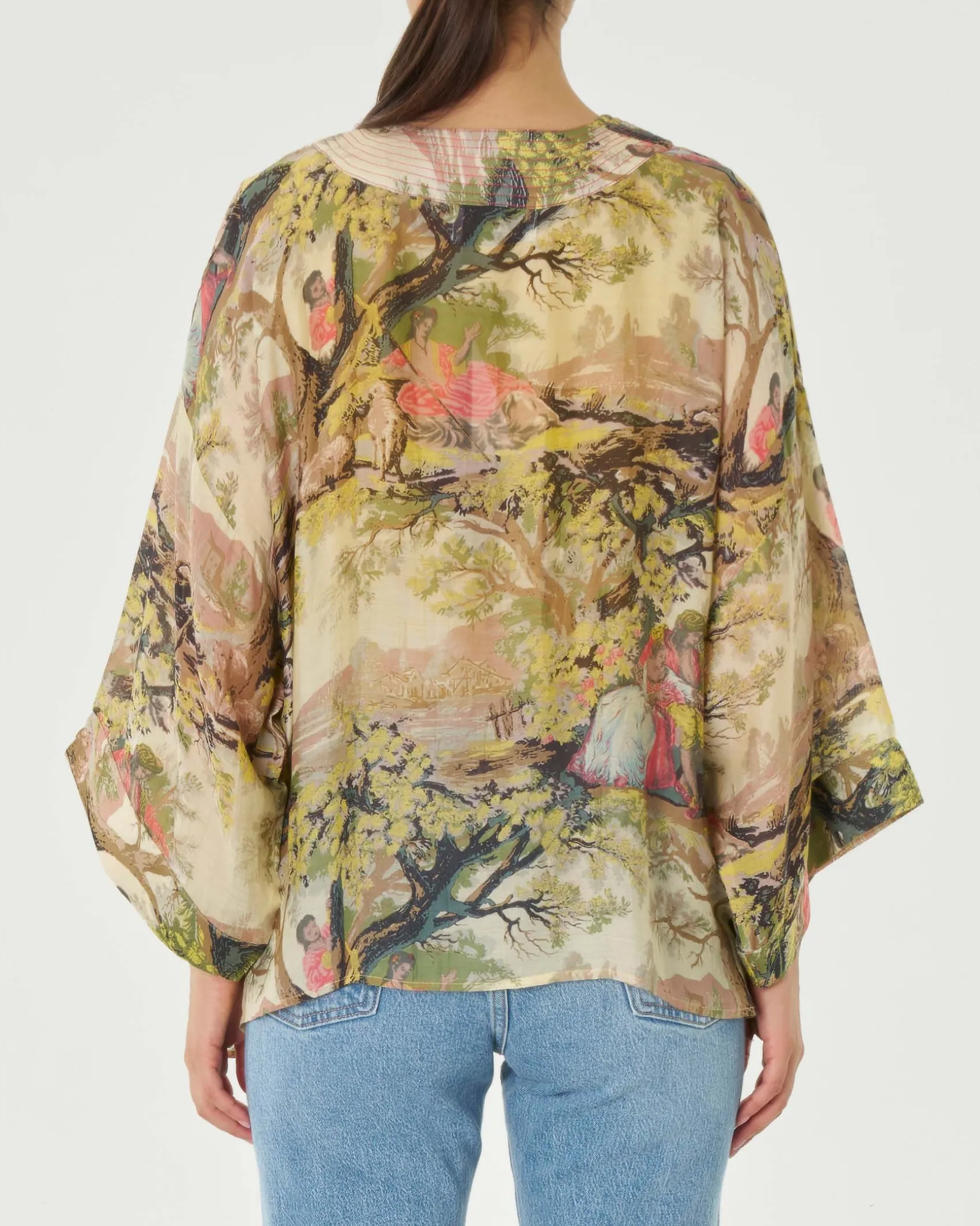 Kimono corto avorio a fantasia dipinto di paesaggio verde gialla e fucsia in cupro e modal