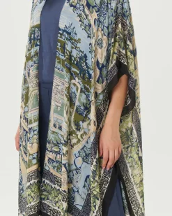 Kimono lungo blu a fantasia barocca azzurra beige e verde in misto cupro e modal