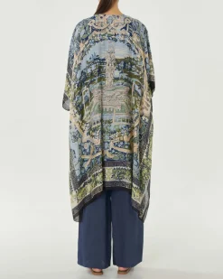 Kimono lungo blu a fantasia barocca azzurra beige e verde in misto cupro e modal