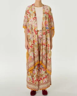 Kimono lungo verde chiaro a fantasia floreale d'ispirazione indiana arancio e multicolore in cupro e modal