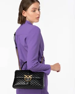 Lady Bag in pelle nera con motivo a chevron e manico a mano e fibbia Love Birds dorata