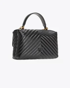 Lady Bag in pelle nera con motivo a chevron e manico a mano e fibbia Love Birds dorata