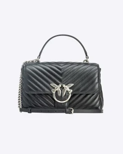 Lady Bag in pelle nera Pinko a motivo chevron e manico a mano e fibbia Love Birds argento
