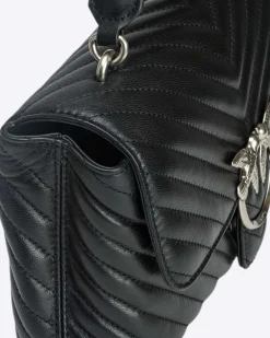 Lady Bag in pelle nera Pinko a motivo chevron e manico a mano e fibbia Love Birds argento