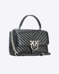 Lady Bag in pelle nera Pinko a motivo chevron e manico a mano e fibbia Love Birds argento