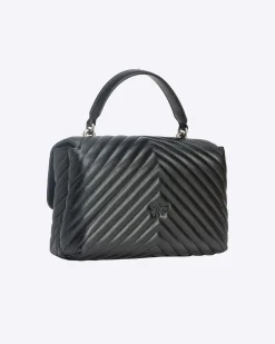 Lady Bag in pelle nera Pinko a motivo chevron e manico a mano e fibbia Love Birds argento