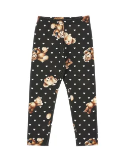Leggins nero Monnalisa in cotone stretch con cuori e orsetti