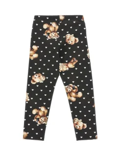 Leggins nero Monnalisa in cotone stretch con cuori e orsetti