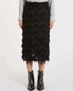 Longuette nera Marella in georgette a motivo a rombi con frange applicate