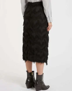 Longuette nera Marella in georgette a motivo a rombi con frange applicate