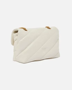 Love Bag Puff bianca in nappa misura media con motivo matelassè obliquo e fibbia dorata Love Birds