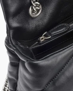 Love Bag Puff nera in nappa misura media con motivo matelassè obliquo e fibbia argento Love Birds