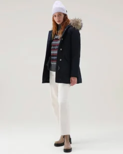 Luxury Arctic Parka blu imbottito in piuma naturale e cappuccio con profilo in pelliccia removibile
