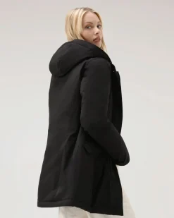 Luxury Arctic Parka nero imbottito in piuma naturale e cappuccio con profilo in pelliccia removibile