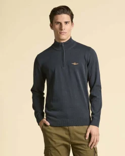 Maglia Aeronautica Militare blu in puro cotone con chiusura a mezza zip