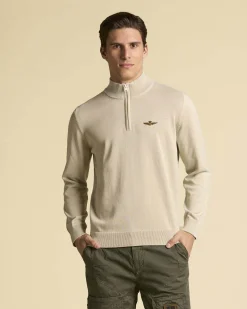 Maglia Aeronautica Militare beige in puro cotone con chiusura a mezza zip