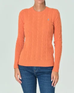 Maglia arancione lavorata a trecce in misto lana e cachemire con logo ricamato a contrasto sul petto