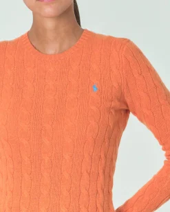 Maglia arancione lavorata a trecce in misto lana e cachemire con logo ricamato a contrasto sul petto