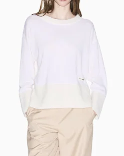 Maglia Armani Exchange bianca in lana vergine con dettagli in maglia a contrasto