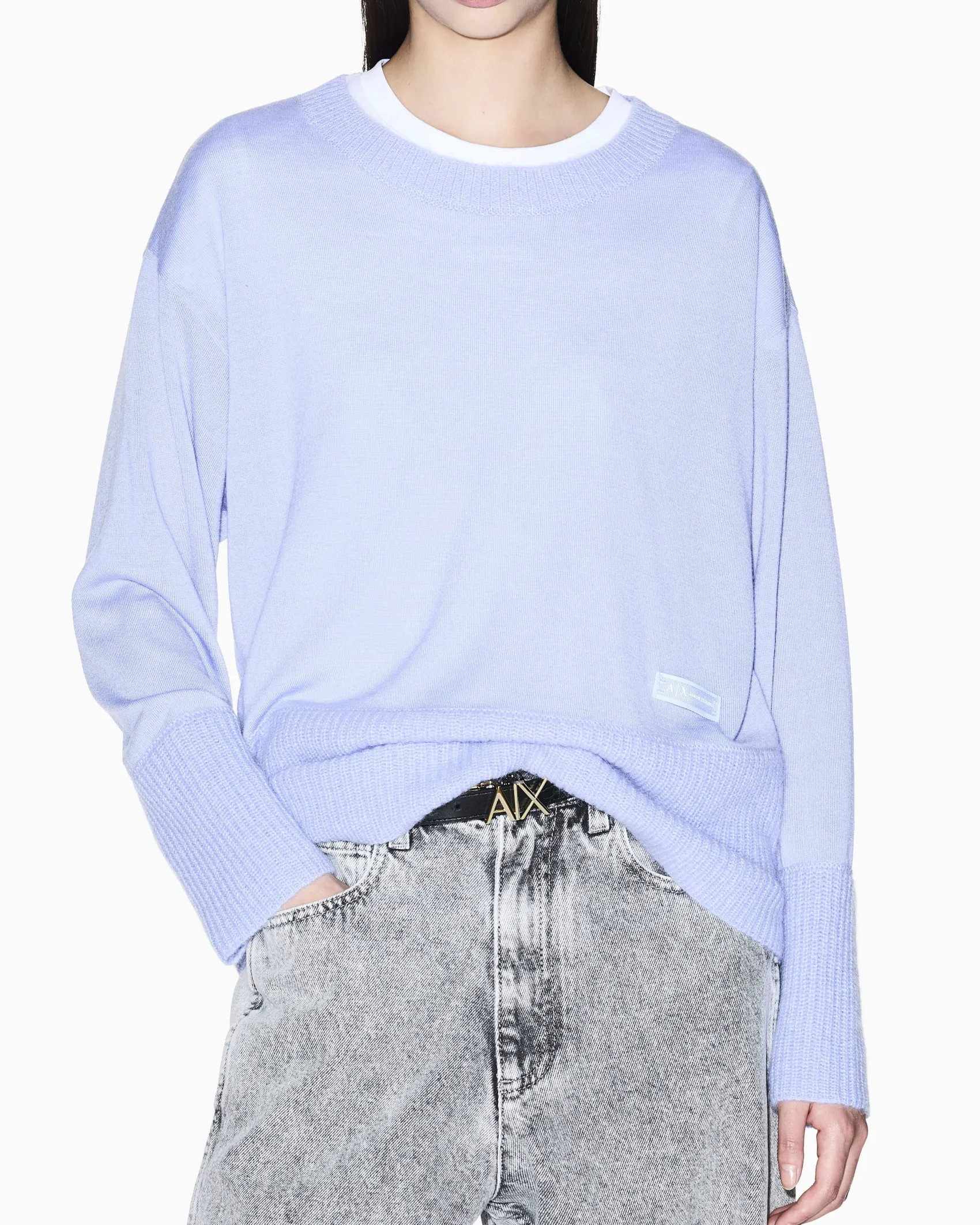 Maglia Armani Exchange lilla in lana vergine con dettagli in maglia a coste