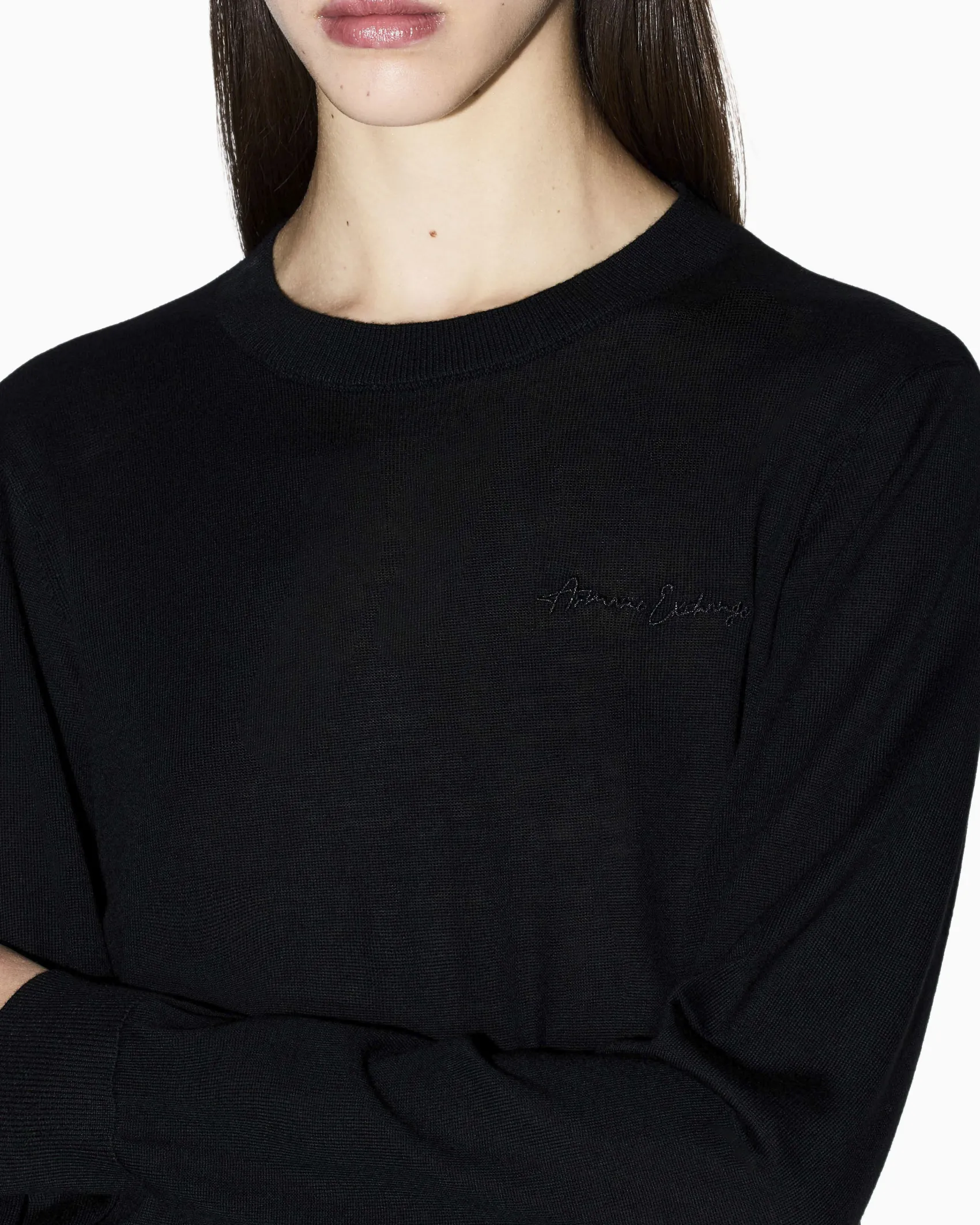Maglia Armani Exchange nera in lana vergine con dettagli in maglia