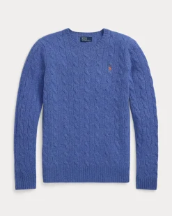 Maglia azzurra girocollo in lana e cashmere a trecce con logo ricamato a contrasto di colore