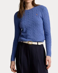 Maglia azzurra girocollo in lana e cashmere a trecce con logo ricamato a contrasto di colore