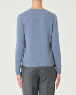 Maglia azzurro denim girocollo in puro cashmere