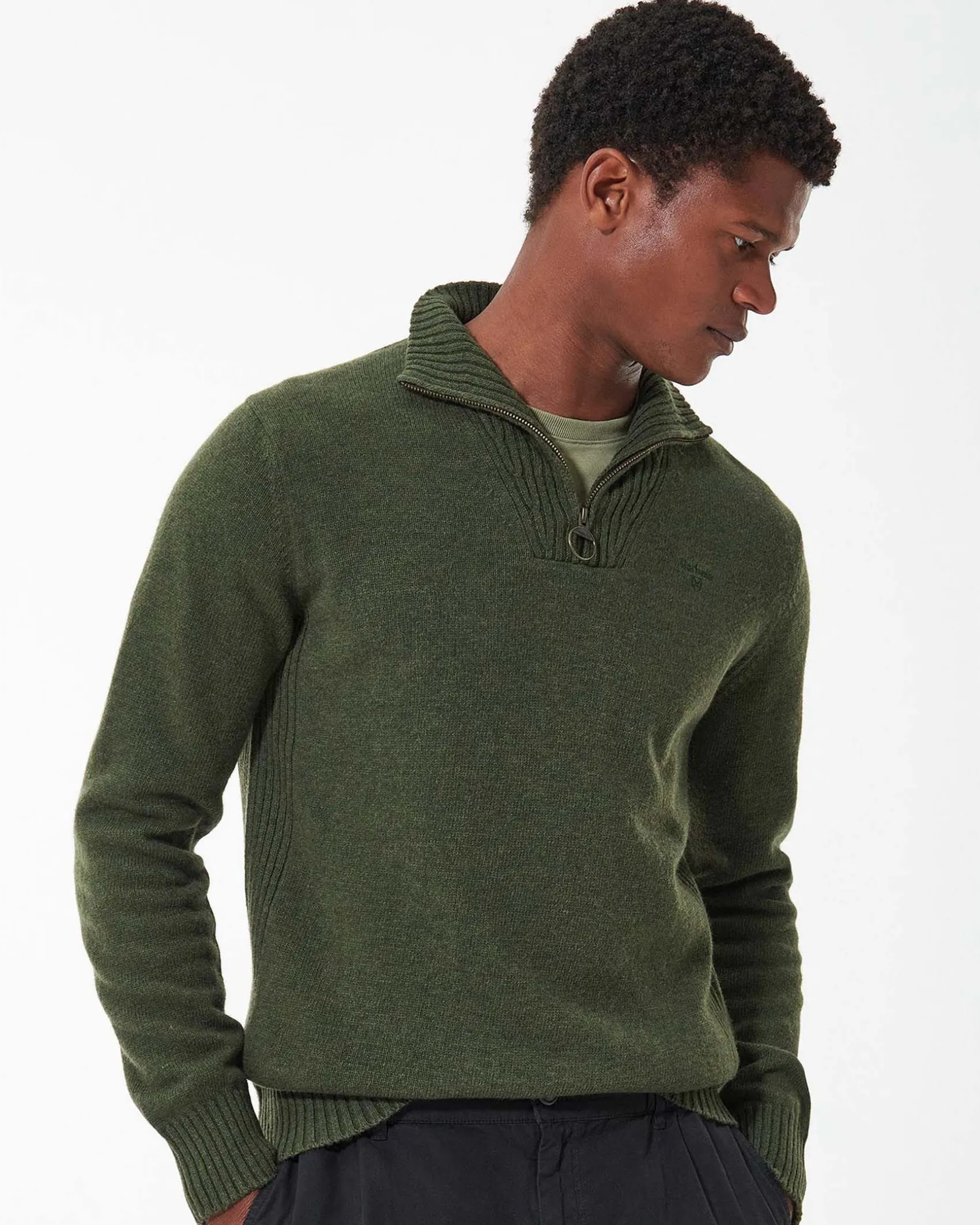 Maglia Barbour verde militare in lana con chiusura a mezza zip