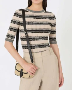 Maglia beige a righe blu in misto viscosa a coste Weekend Max Mara con maniche al gomito